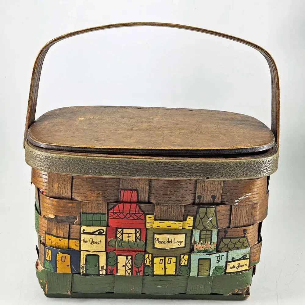 Artist Signed Woven Fabric Lining Basket by Caro Nan Hand painted Vintage - Picture 1 of 8